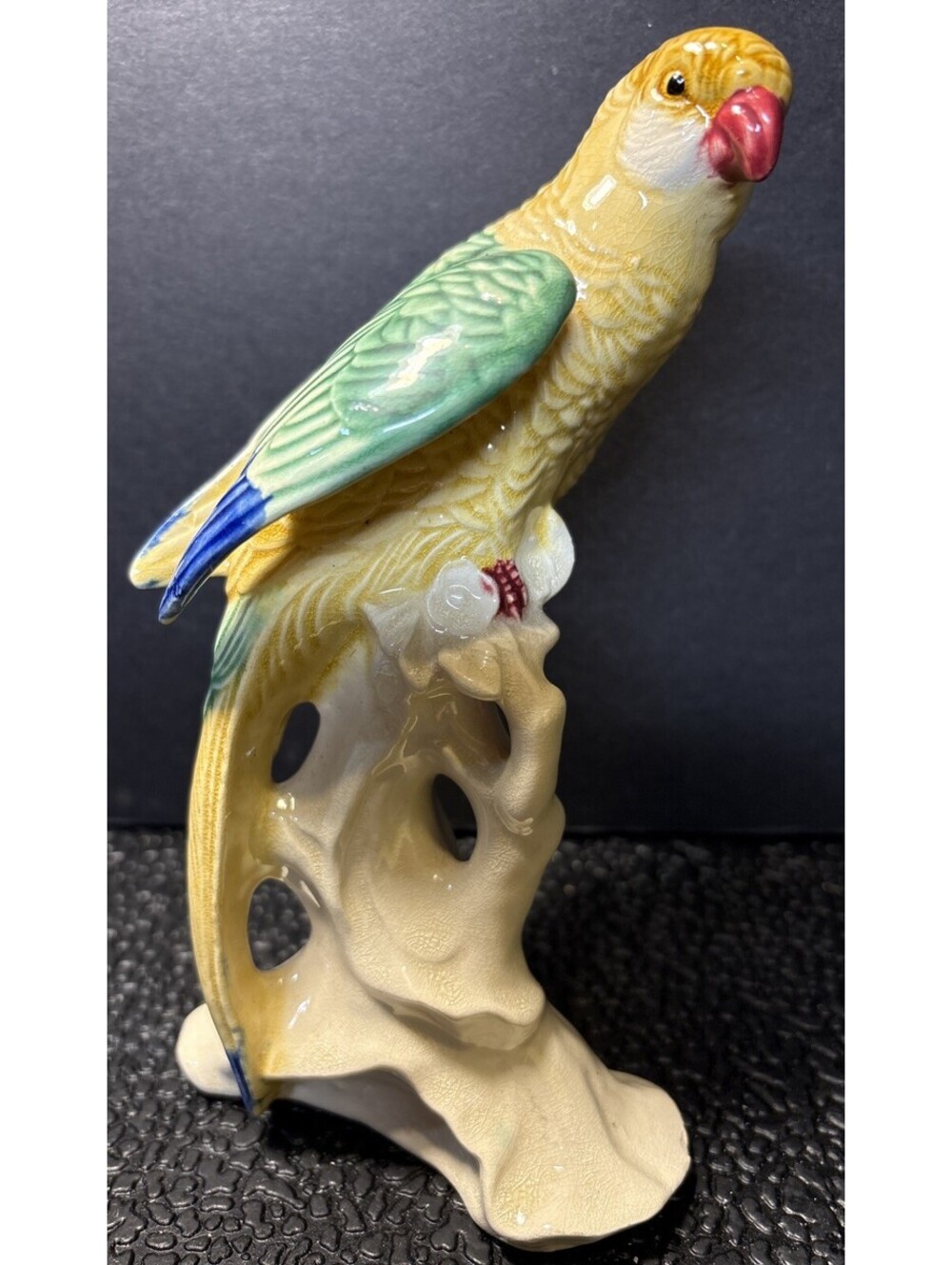 Vintage Chinese Hand Painted Porcelain Parakeet Budgie Figurine 7" Great Con.